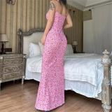 Pink Sleeveless Halter Low Cut Printed Pleated Women Floral Long Dress