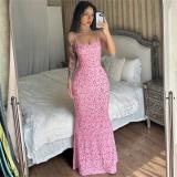 Pink Sleeveless Halter Low Cut Printed Pleated Women Floral Long Dress
