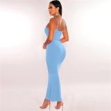 Blue Halter Low Cut Bodycon Women Fashion Solid Long Dress