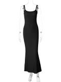 Black Halter Low Cut Bodycon Women Fashion Solid Long Dress