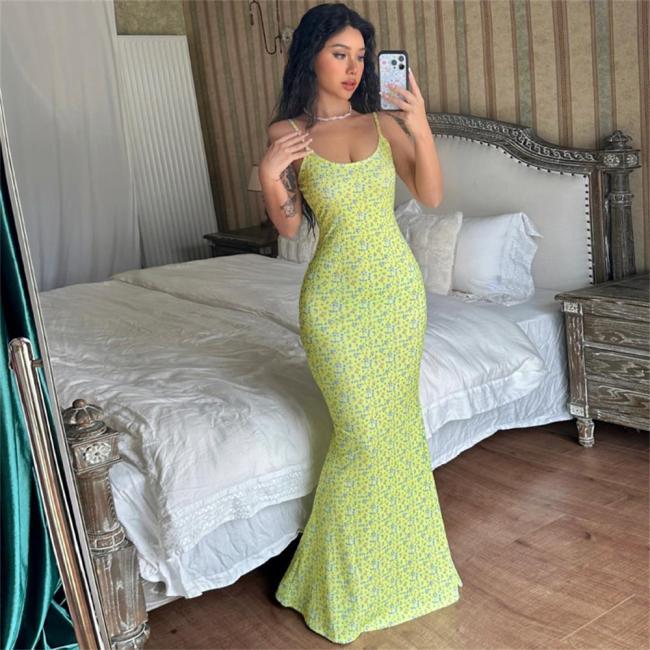 Yellow Sleeveless Halter Low Cut Printed Pleated Women Floral Long Dress