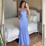 Blue Sleeveless Halter Low Cut Printed Pleated Women Floral Long Dress