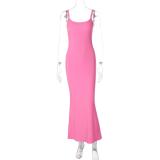 Pink Halter Low Cut Bodycon Women Fashion Solid Long Dress
