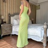 Yellow Sleeveless Halter Low Cut Printed Pleated Women Floral Long Dress