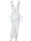 White Straps Deep V Neck Backless Luxury Slit Evening Gowns Prom Dress