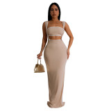 Beige Women Strapless Crop Top Two Pieces Halter Skirt Midi Dress Sets