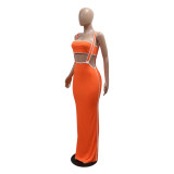 Orange Women Strapless Crop Top Two Pieces Halter Skirt Midi Dress Sets