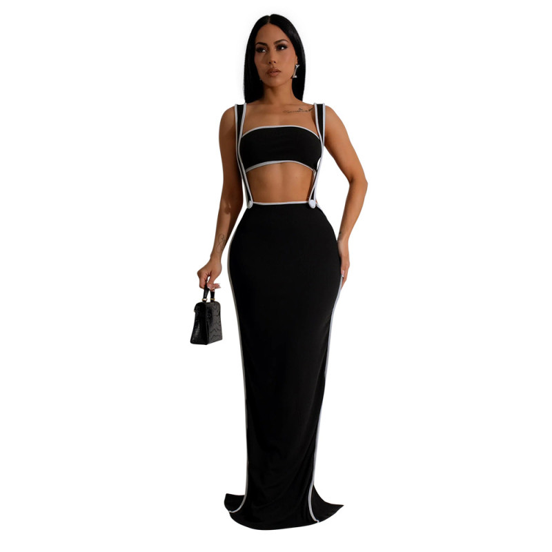 Black Women Strapless Crop Top Two Pieces Halter Skirt Midi Dress Sets