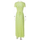 Pink Short Sleeve U Neck Printed Bandage Pleated Summer Floral Dress
