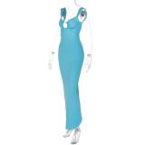 Blue Straps Deep V Neck Backless Luxury Slit Evening Gowns Prom Dress