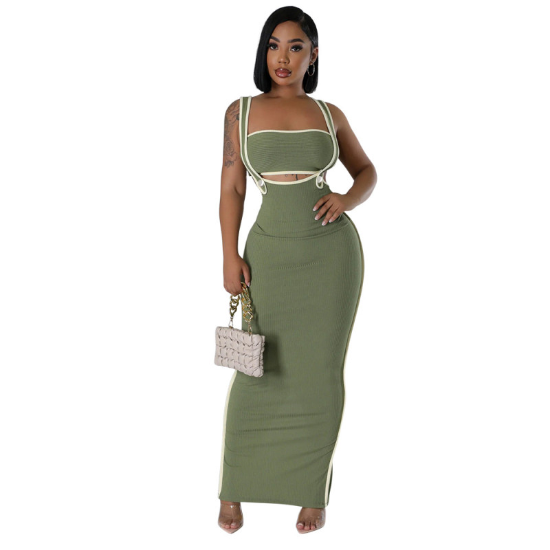 Green Women Strapless Crop Top Two Pieces Halter Skirt Midi Dress Sets