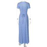 Blue Short Sleeve U Neck Printed Bandage Pleated Summer Floral Dress