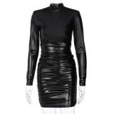 Black Long Sleeve PU Leather Pleated Party Sexy Mini Dress for Women