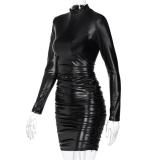 Black Long Sleeve PU Leather Pleated Party Sexy Mini Dress for Women