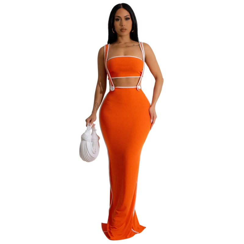 Orange Women Strapless Crop Top Two Pieces Halter Skirt Midi Dress Sets