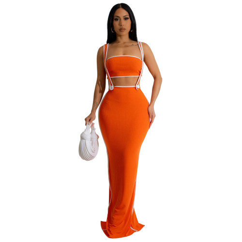 Orange Women Strapless Crop Top Two Pieces Halter Skirt Midi Dress Sets