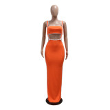 Orange Women Strapless Crop Top Two Pieces Halter Skirt Midi Dress Sets