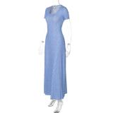Blue Short Sleeve U Neck Printed Bandage Pleated Summer Floral Dress