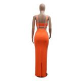 Orange Women Strapless Crop Top Two Pieces Halter Skirt Midi Dress Sets