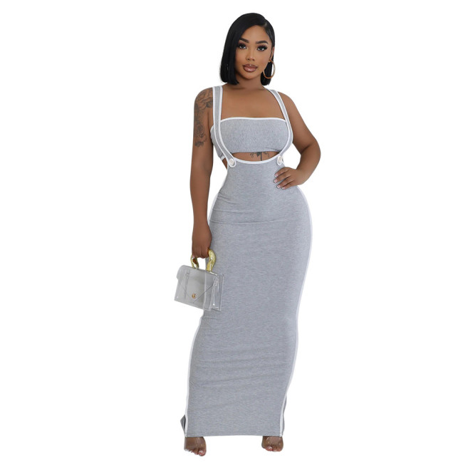 Gray Women Strapless Crop Top Two Pieces Halter Skirt Midi Dress Sets