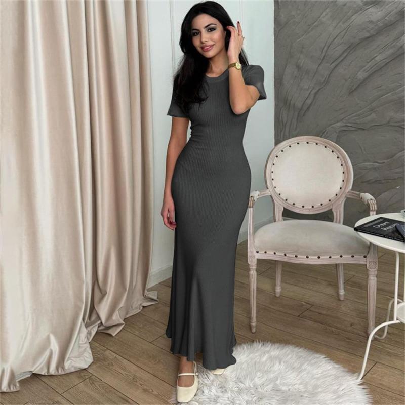 Gray Short Sleeve O Neck Striped Women Pleated Fashion Outfit Party Maxi Dress