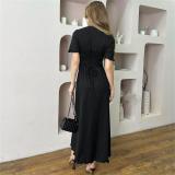 Short Sleeve O Neck Striped Women Pleated Fashion Outfit Party Maxi Dress