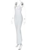 White Straps Deep V Neck Backless Luxury Slit Evening Gowns Prom Dress