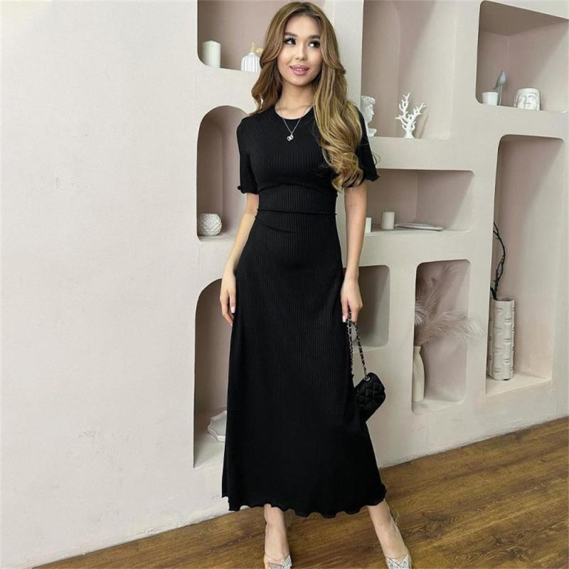 Short Sleeve O Neck Striped Women Pleated Fashion Outfit Party Maxi Dress