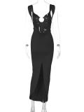 Black Straps Deep V Neck Backless Luxury Slit Evening Gowns Prom Dress