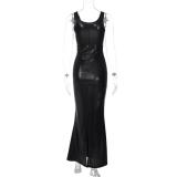 Black Low Cut Pu Leather Sexy Party Slit Women Maxi Club Dress