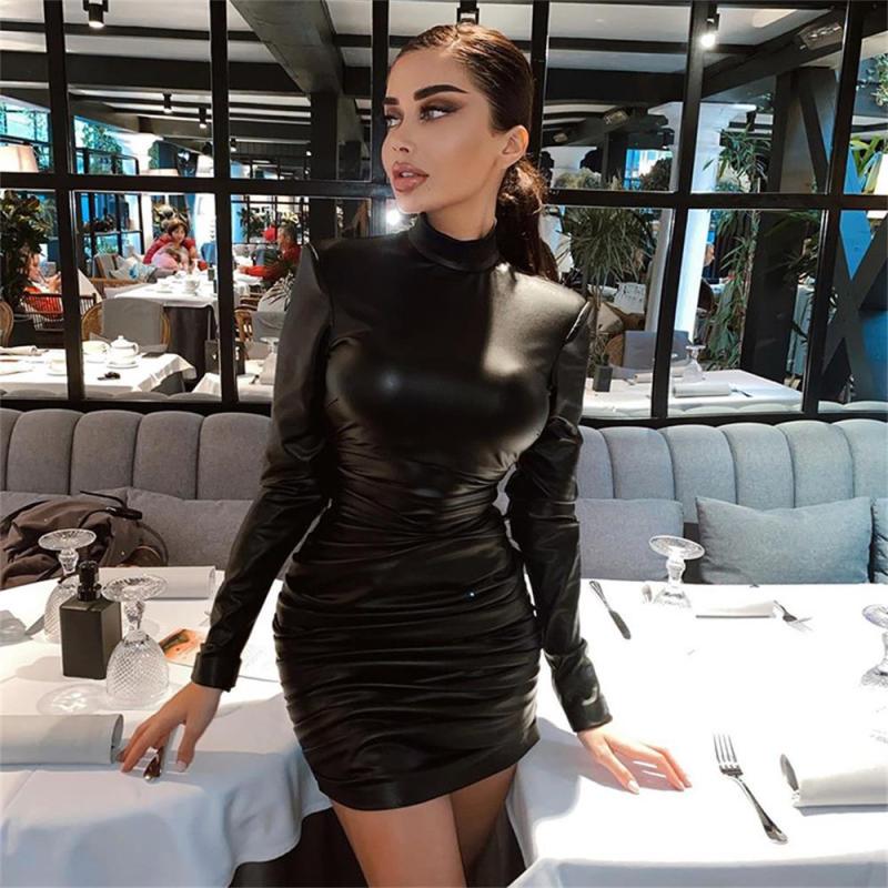 Black Long Sleeve PU Leather Pleated Party Sexy Mini Dress for Women