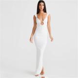 White Straps Deep V Neck Backless Luxury Slit Evening Gowns Prom Dress