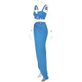 Blue Off Shoulder Low Cut Crop Top Pleated Party Formal Evening Skirt Sets Dress