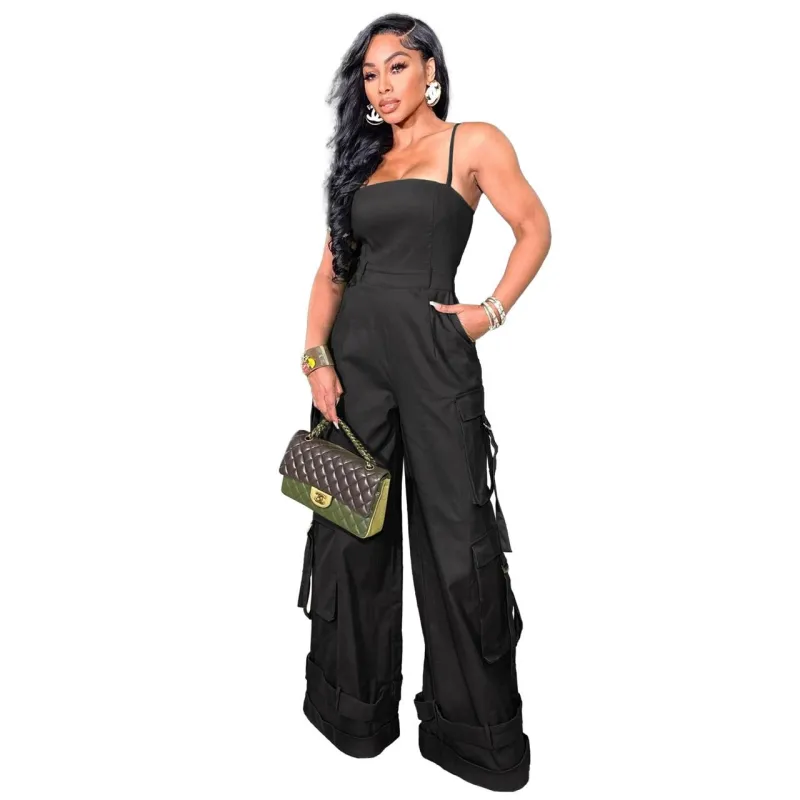 Black Sleeveless Off Shoulder Multi-Pocket Wide Leg Cargo Sexy Jumpsuit