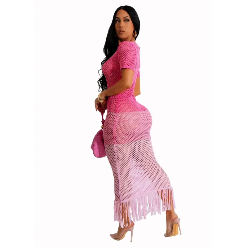 Pink Sexy Knitted Tassel Beach Summer Short Sleeve Long Dress
