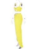 Yellow Off Shoulder Low Cut Crop Top Pleated Party Formal Evening Skirt Sets Dress