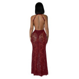 Claret Lace Halter Hollow Out See Through Sexy Women Club Maxi Dress