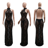 Black Lace Halter Hollow Out See Through Sexy Women Club Maxi Dress