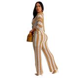 Khaki Women‘’s V-Neck Hollow Striped Lapel Knitted Two Pieces Wide Trousers Suit
