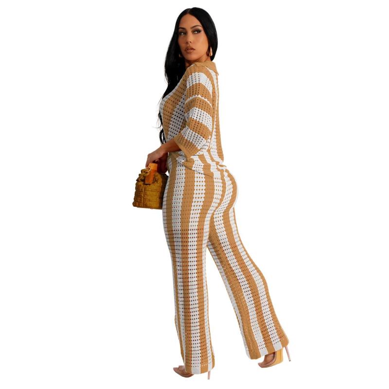 Khaki Women‘’s V-Neck Hollow Striped Lapel Knitted Two Pieces Wide Trousers Suit
