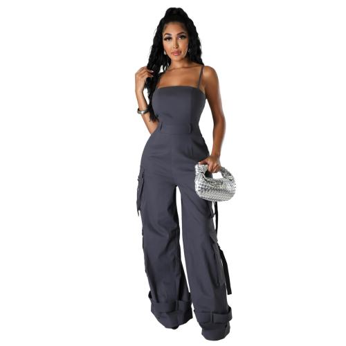 Gray Sleeveless Off Shoulder Multi-Pocket Wide Leg Cargo Sexy Jumpsuit 005