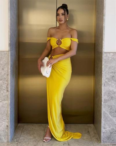 Yellow Off Shoulder Low Cut Crop Top Pleated Party Formal Evening Skirt Sets Dress