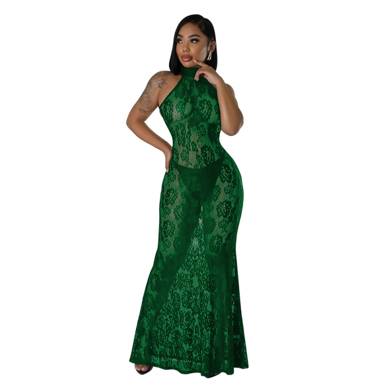 Green Lace Halter Hollow Out See Through Sexy Women Club Maxi Dress