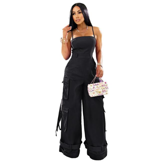 Black Sleeveless Off Shoulder Multi-Pocket Wide Leg Cargo Sexy Jumpsuit