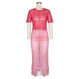 Pink Sexy Knitted Tassel Beach Summer Short Sleeve Long Dress
