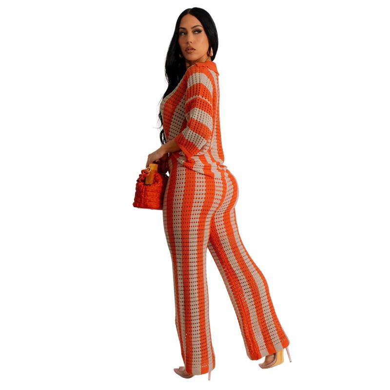 Orange Women‘’s V-Neck Hollow Striped Lapel Knitted Two Pieces Wide Trousers Suit