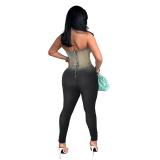 Black Off Shoulder Gradient Skinny Stretch Denim Bodycon Party Sexy Jumpsuit Rompers