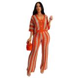 Orange Women‘’s V-Neck Hollow Striped Lapel Knitted Two Pieces Wide Trousers Suit