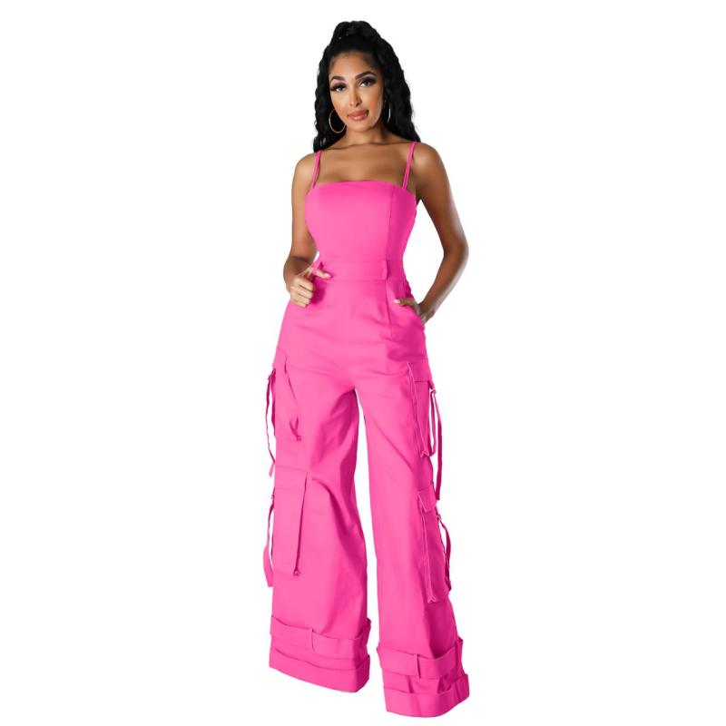 Rose Red Sleeveless Off Shoulder Multi-Pocket Wide Leg Cargo Sexy Jumpsuit