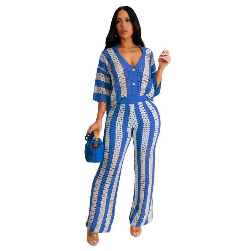 Blue Women‘’s V-Neck Hollow Striped Lapel Knitted Two Pieces Wide Trousers Suit